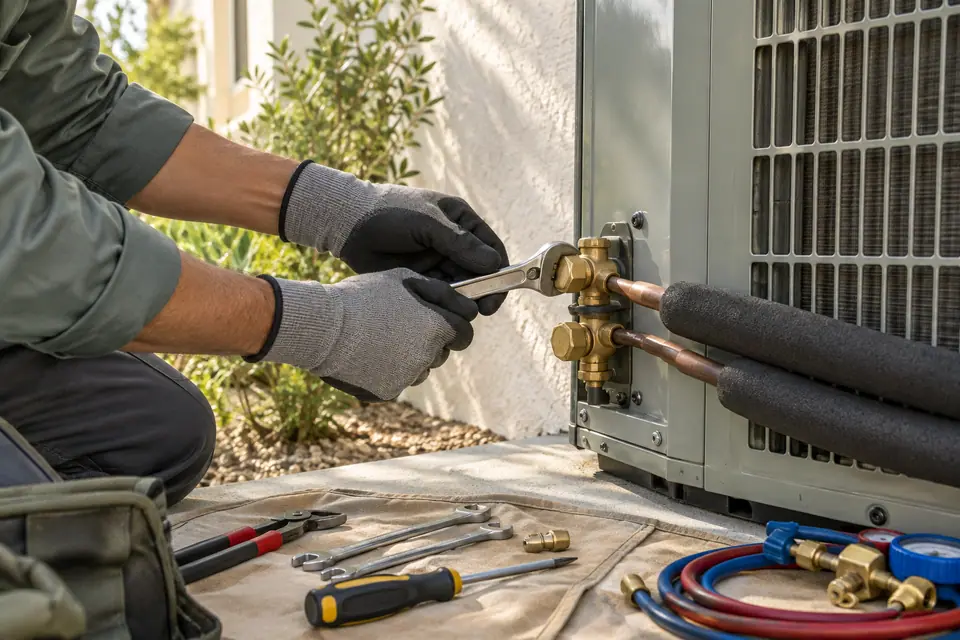 HVAC technician tightening a refrigerant line fitting on an outdoor condenser