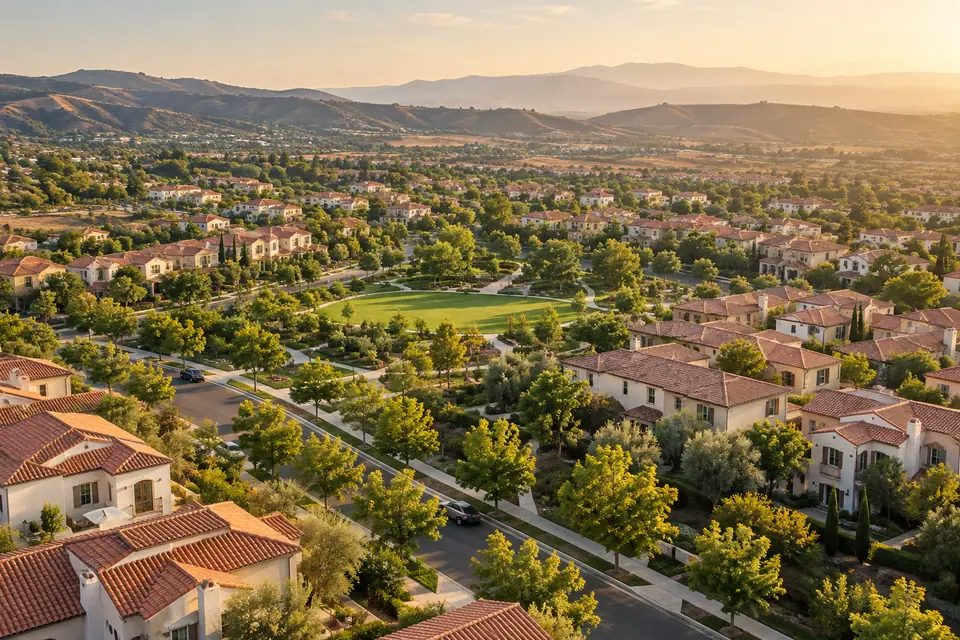 Irvine neighborhoods with tile roofs, parks and foothills in soft light