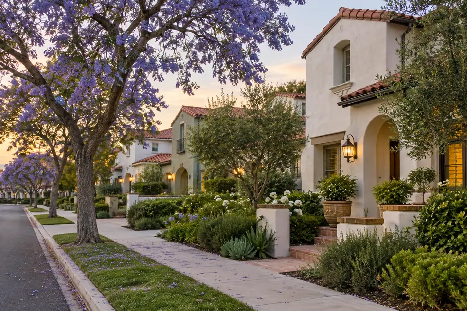 Quiet Irvine residential street with stucco homes and tile roofs at evening