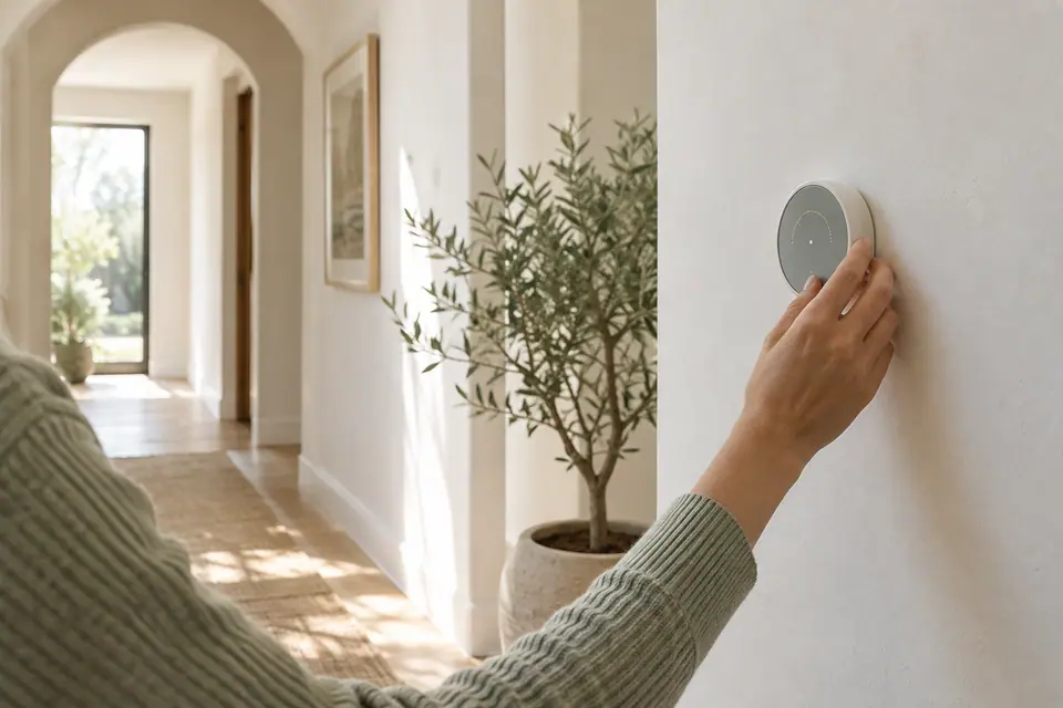 Homeowner adjusting a round wall thermostat in a calm hallway