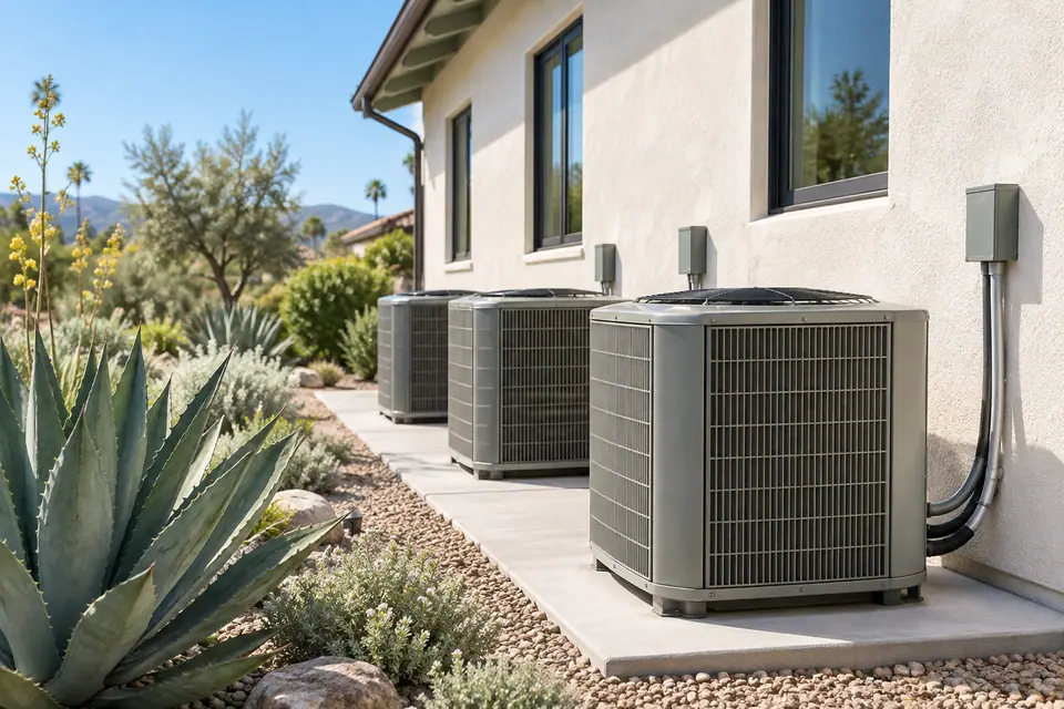 Outdoor air conditioning condensers on a concrete pad beside a stucco home