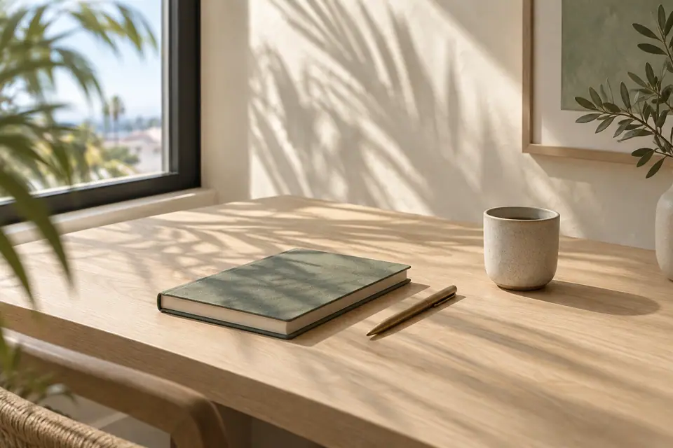 Notebook and pen on a pale oak desk beside a sunlit window