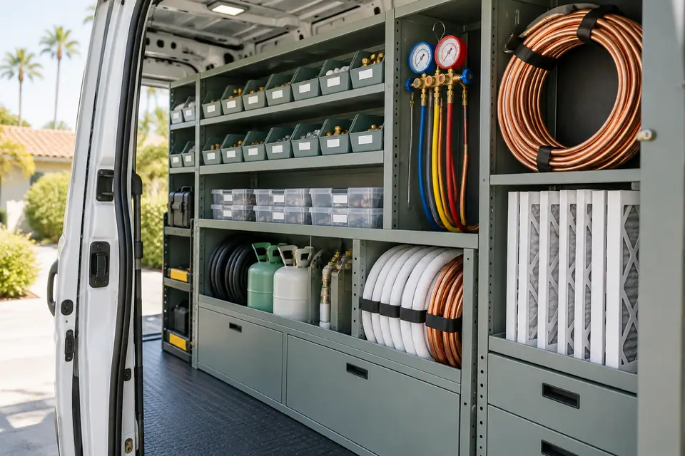 Organized HVAC service van shelving with gauges, filters and copper line set