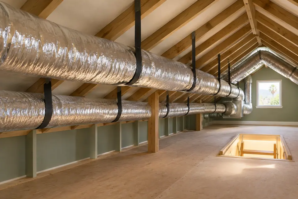Insulated flexible ducts hung with straps in an attic