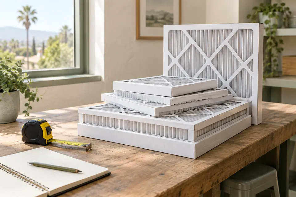 Stack of new pleated air filters beside a measuring tape