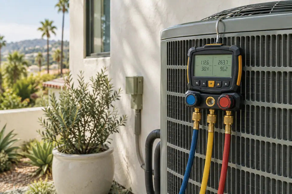 Digital refrigerant gauges connected to an outdoor AC unit
