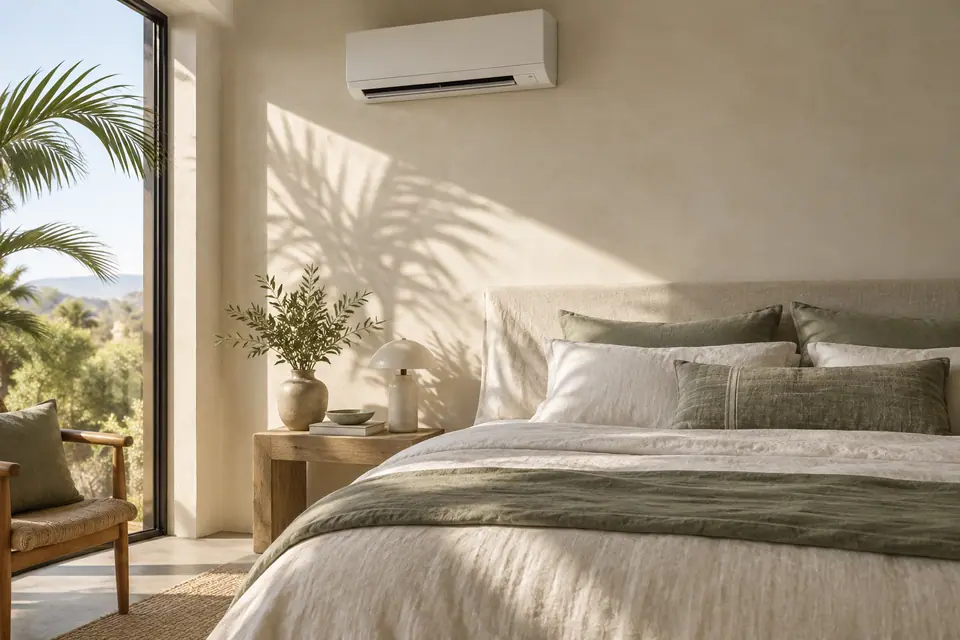 Ductless mini split head mounted high on a bedroom wall