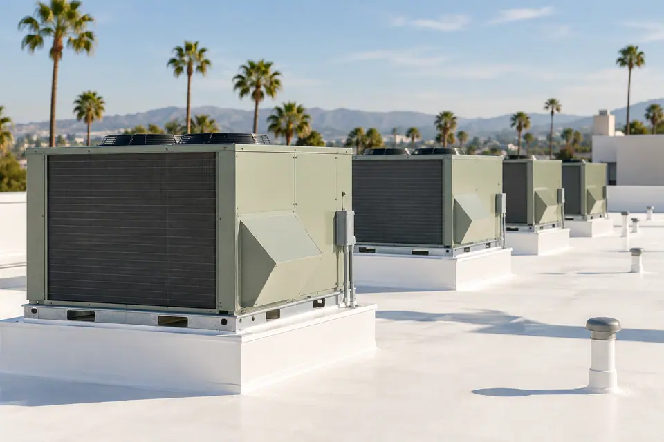 Row of packaged rooftop HVAC units on a commercial roof