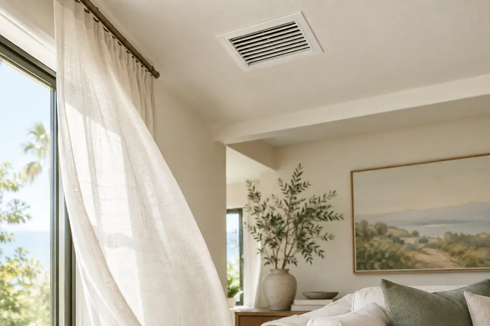 Clean white ceiling supply register in a bright living room