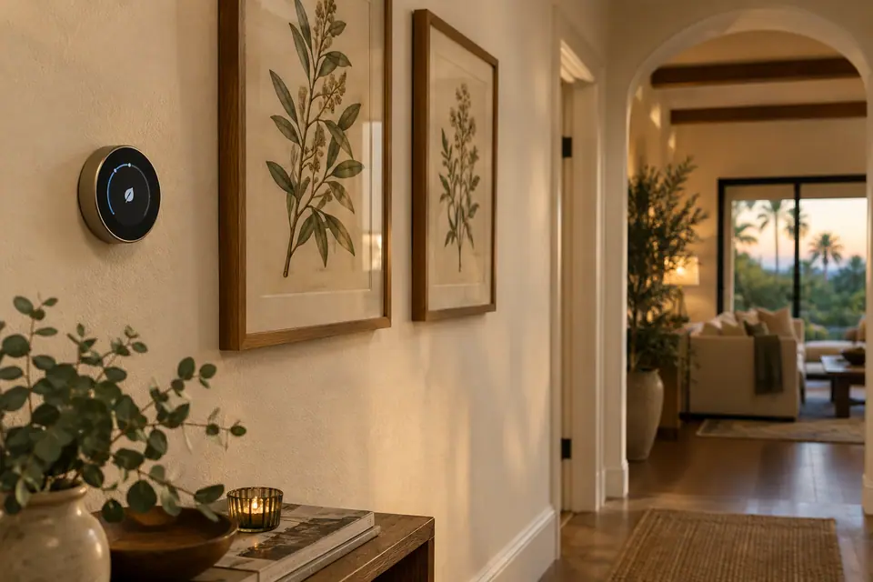 Smart thermostat on a hallway wall beside framed prints
