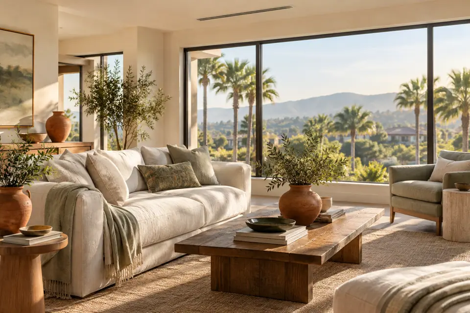 Bright Irvine living room with a ceiling air supply register and soft afternoon light