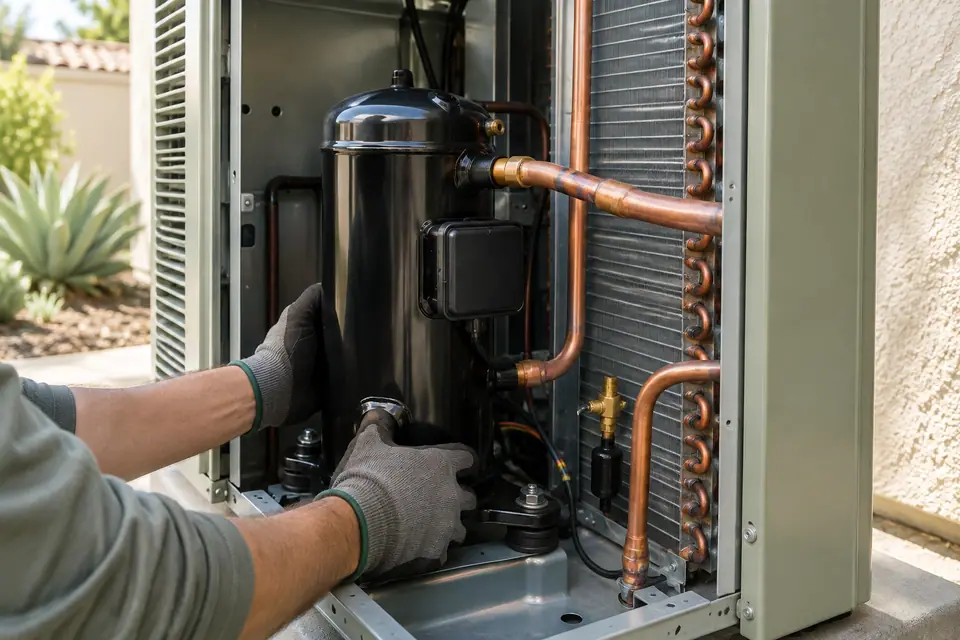 New scroll compressor being set inside an open AC condenser cabinet