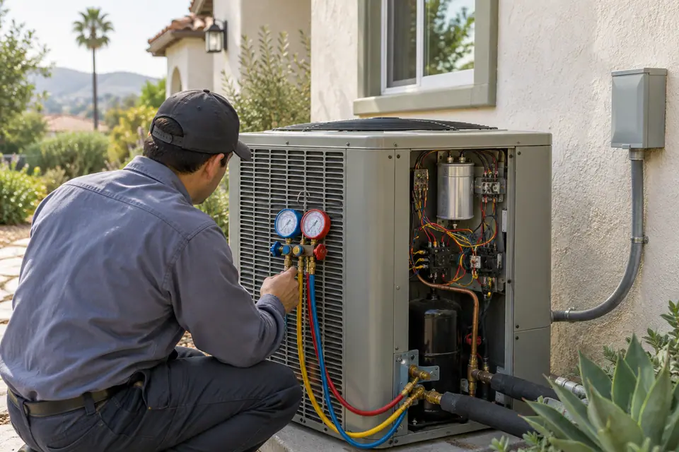 Technician checking an outdoor AC condenser with gauges connected