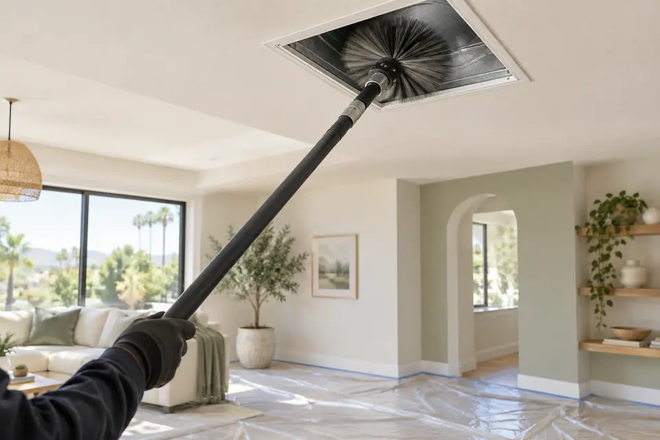 Rotating brush cleaning tool inserted into an open ceiling supply duct
