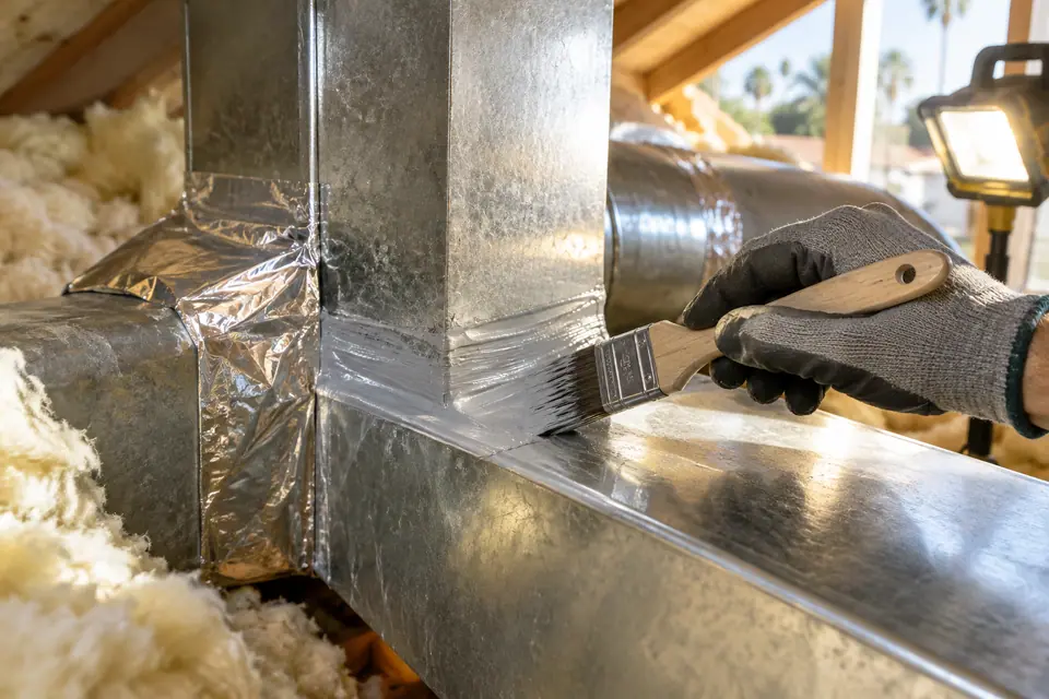 Mastic sealant being brushed onto a sheet metal duct joint in an attic