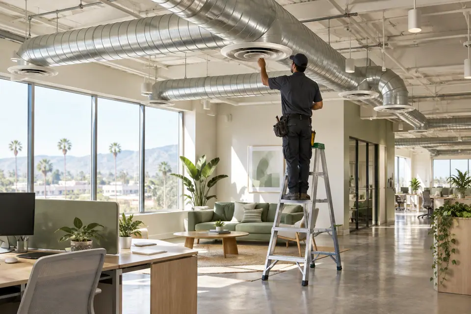 Technician inspecting a ceiling diffuser in an office with exposed ductwork