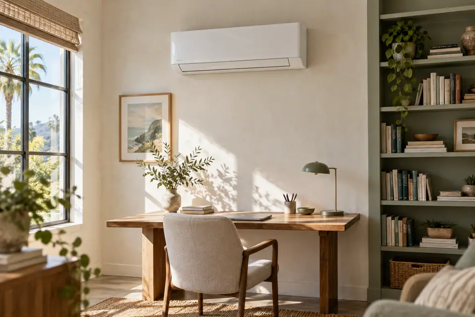 White ductless mini split unit mounted above a desk in a home office