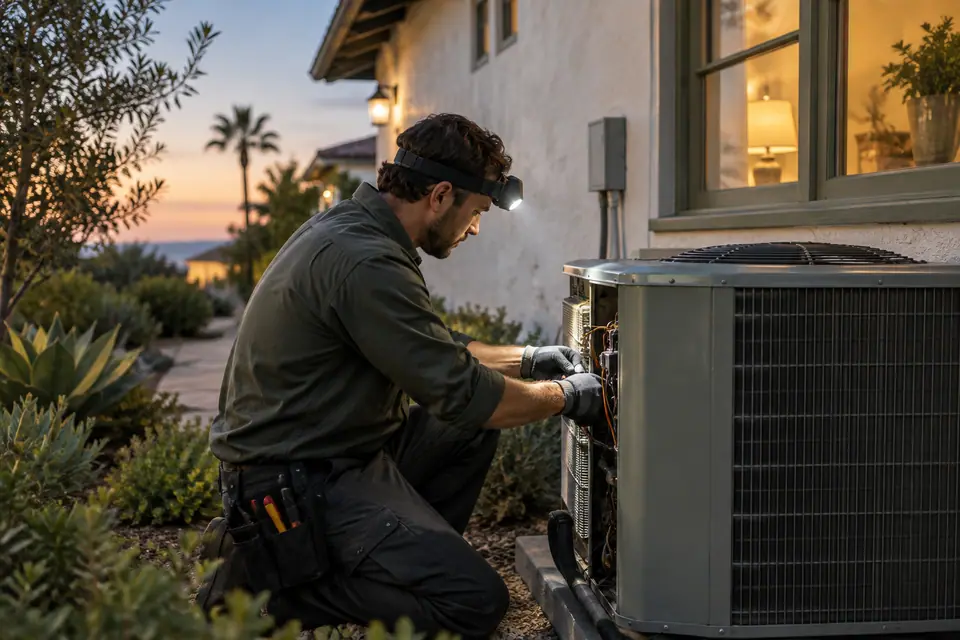 Technician with a headlamp repairing an outdoor AC unit at dusk