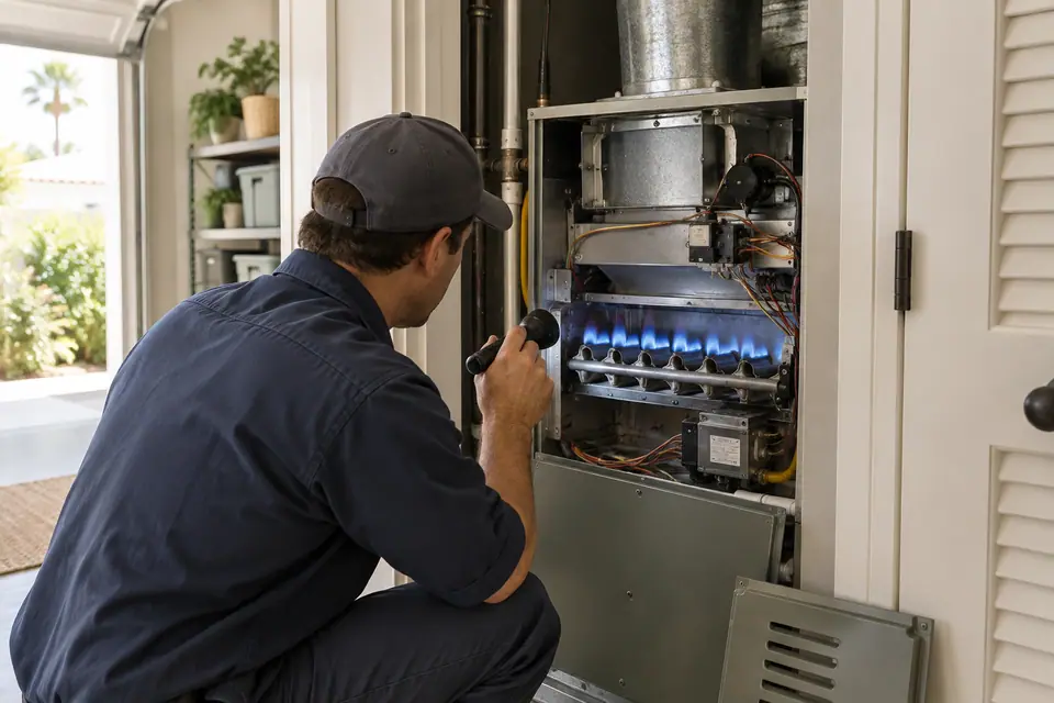Gas furnace with its front panel open and burners visible during inspection