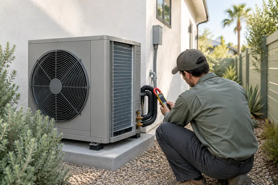 Technician testing a heat pump outdoor unit with a clamp meter