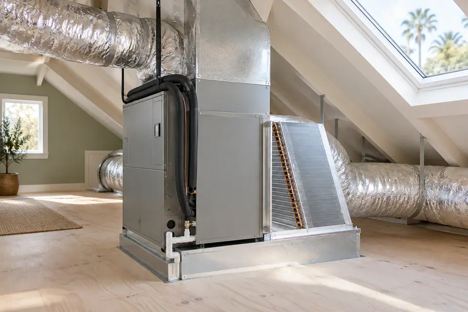 New indoor air handler and insulated ducts installed in a bright attic