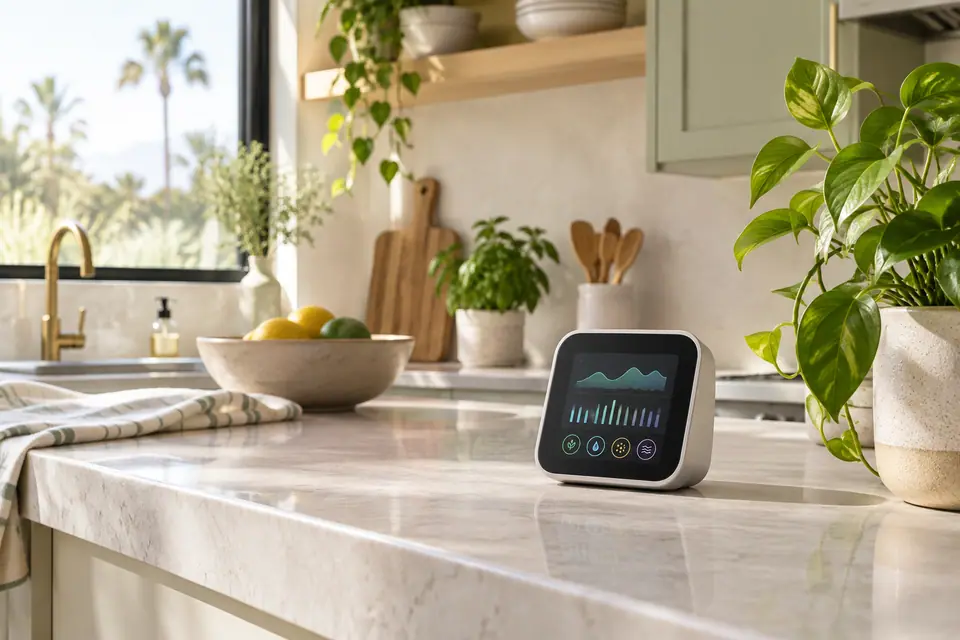Indoor air quality monitor on a kitchen counter in a bright home