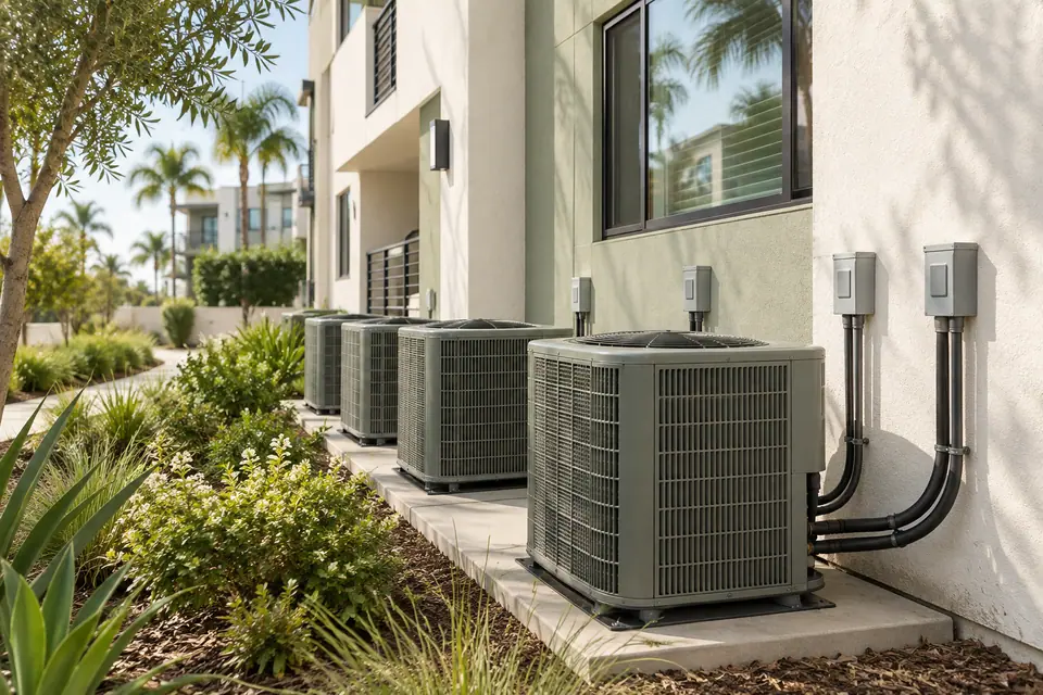 Outdoor condensers on a shared pad behind an Irvine apartment community