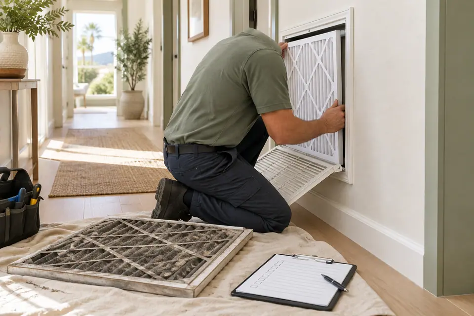 Technician replacing a pleated air filter at a return grille in a hallway