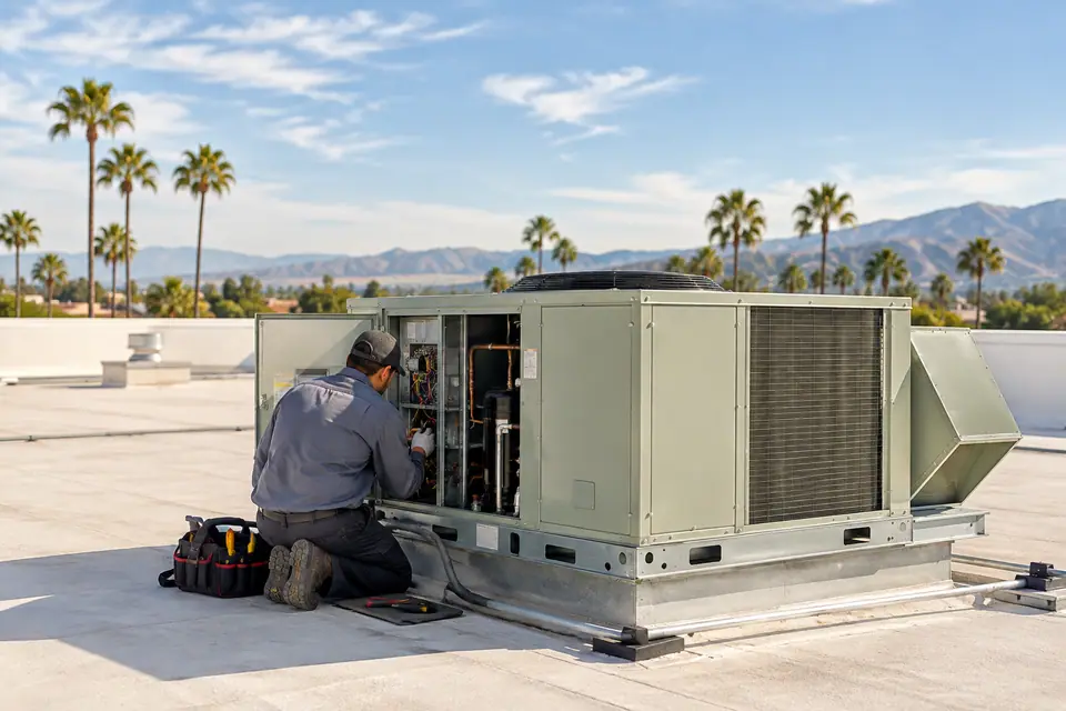 Technician kneeling beside an open packaged rooftop HVAC unit