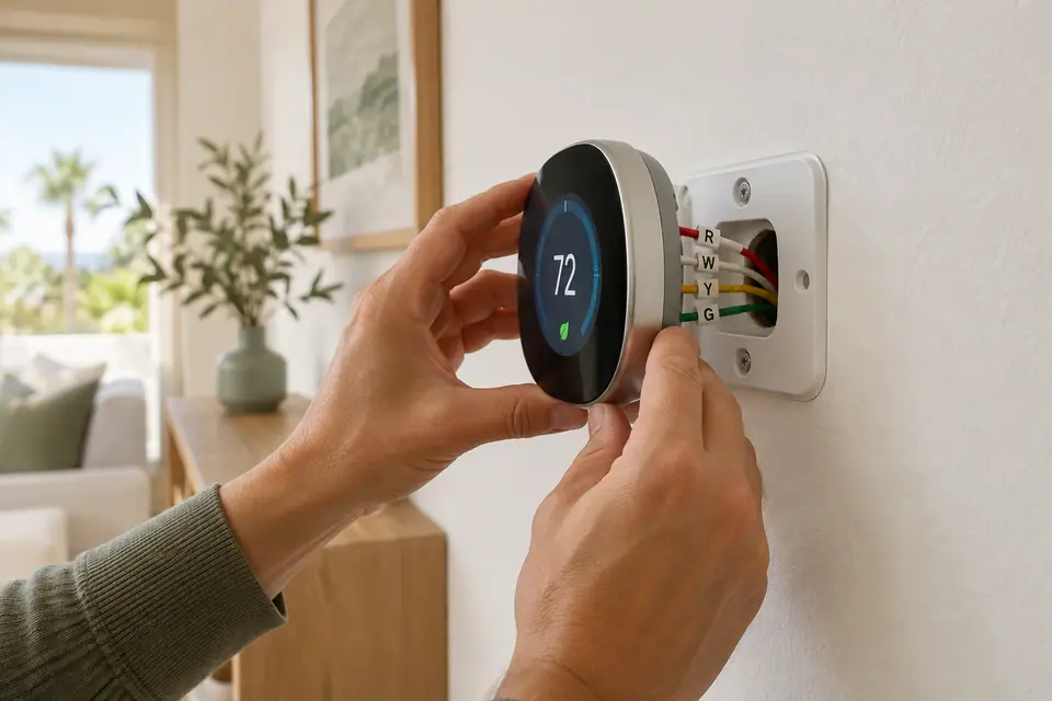 Hands installing a smart thermostat onto a wall plate with labeled wires