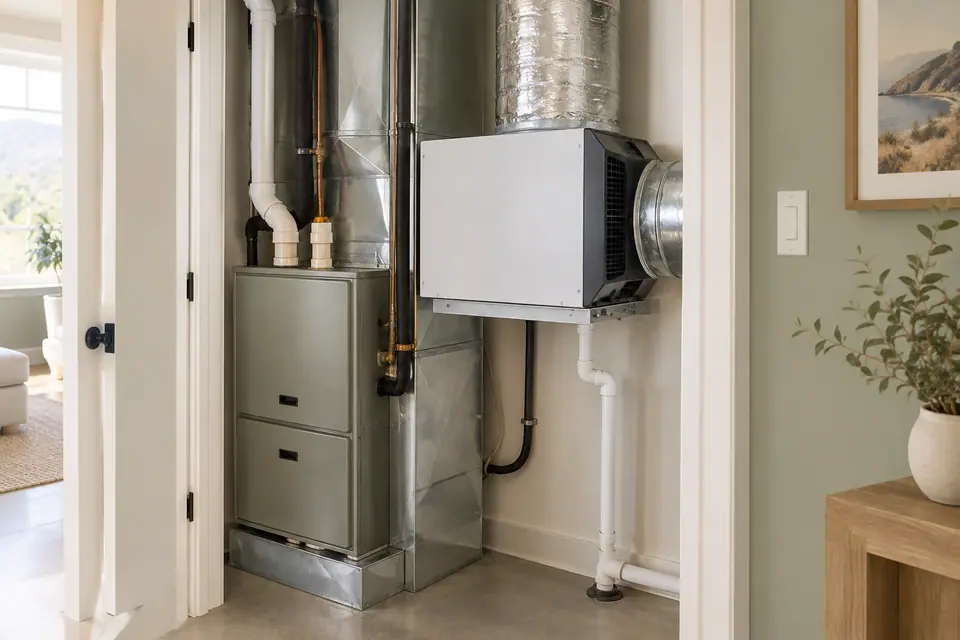 Whole house dehumidifier mounted beside an air handler in a utility closet